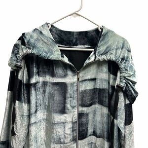 Babette Silk Blend Abstract Plaid Hooded Zip-Front Jacket